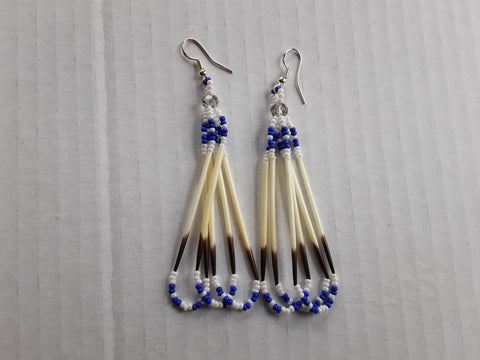 Beaded quill earrings blue ,white 3